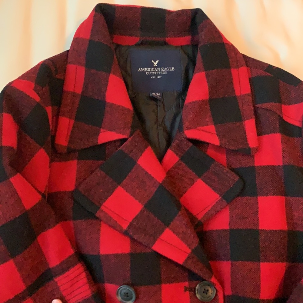 Red checkered American Eagle Double-Breasted Peacoat